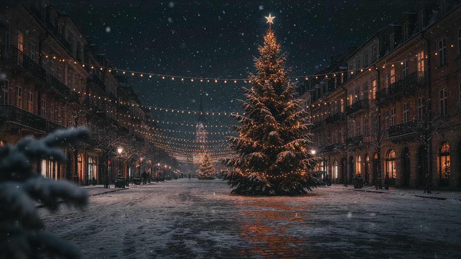 A snowy city square at night with garlands of lights and a large decorated fir tree, snow falling; AI-generated illustration