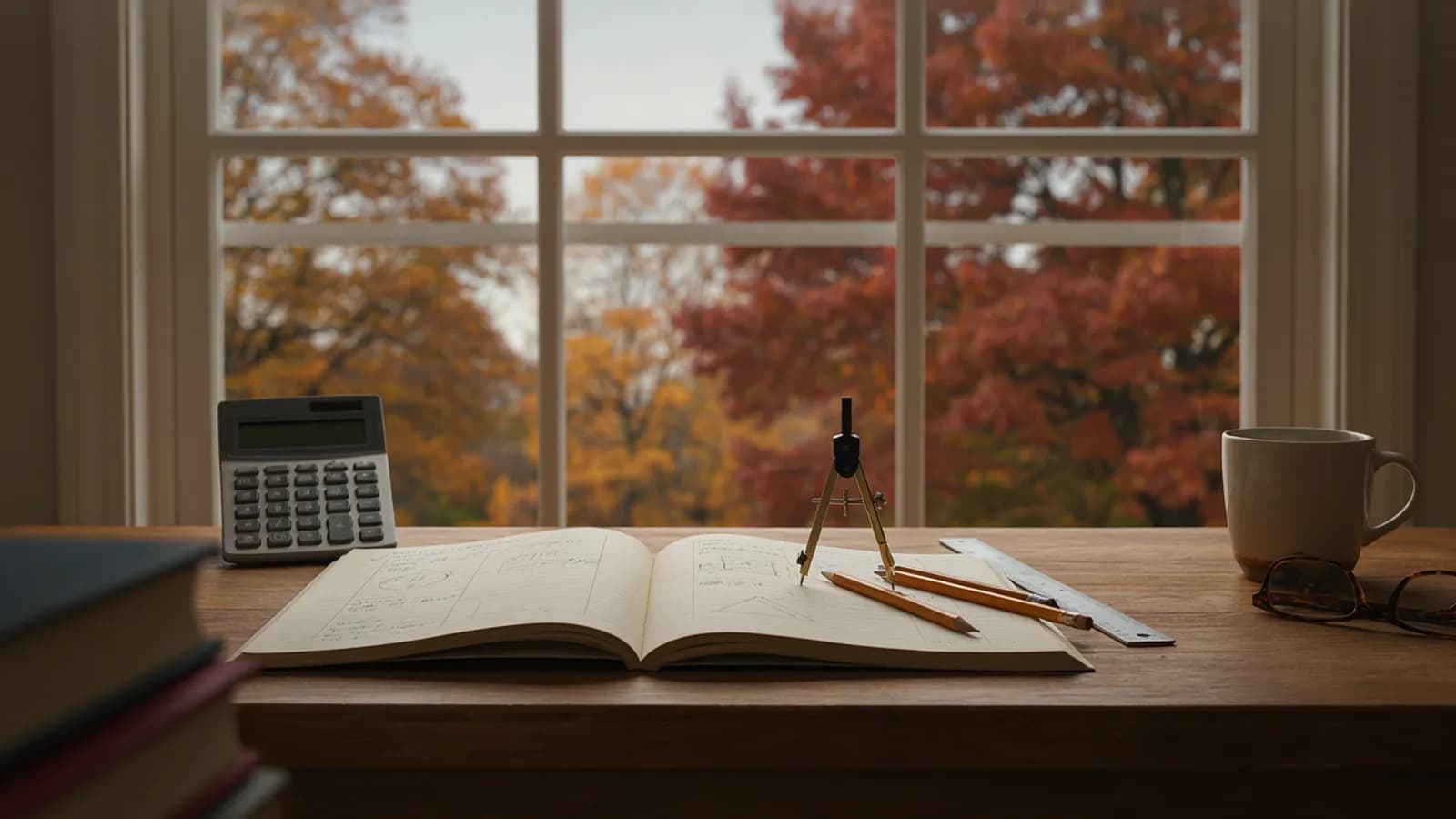 A student's desk by an autumn window with an open maths workbook, a ruler, a compass and a calculator; AI-generated illustration