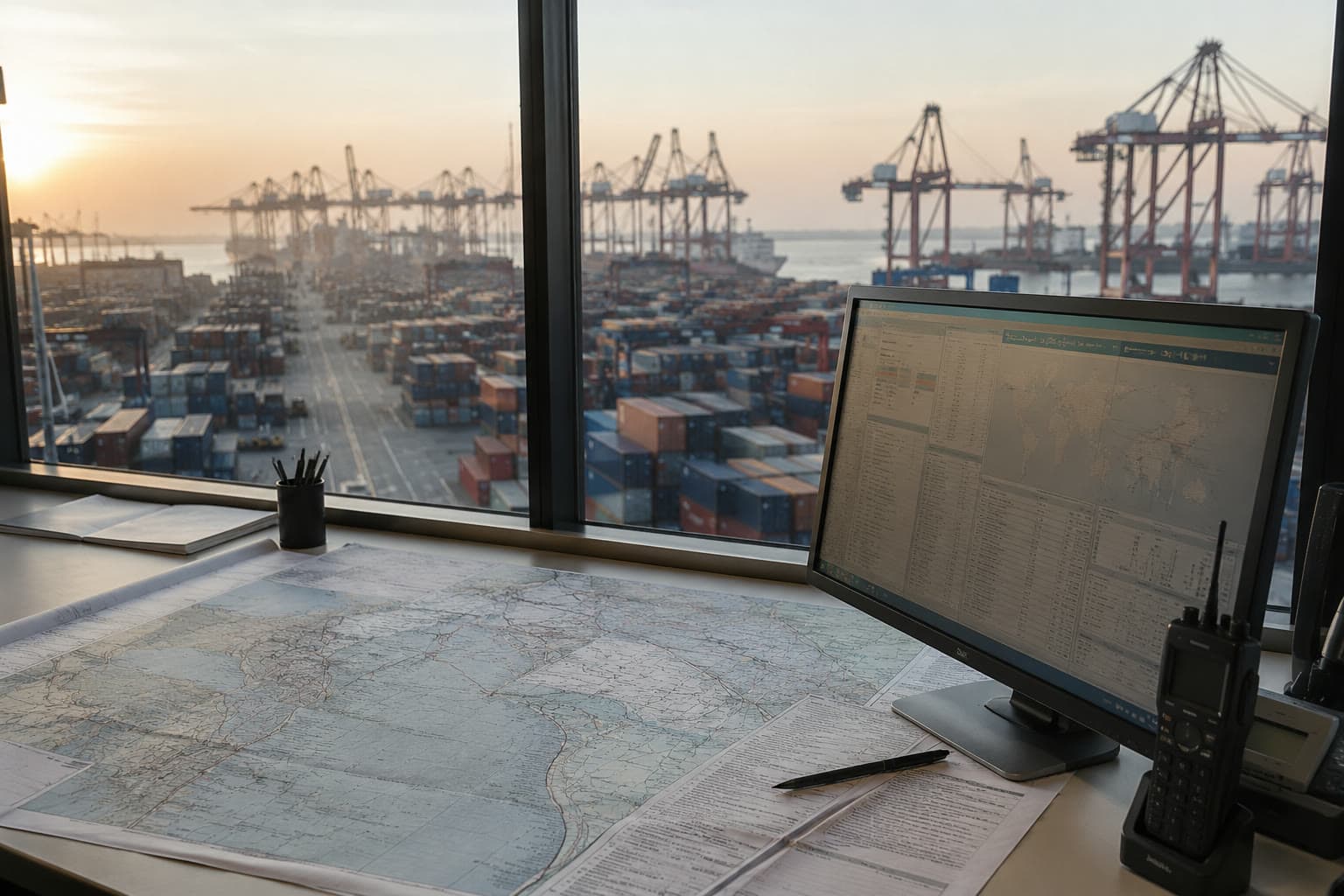 A container terminal viewed from an operations desk with route maps and logistics status screens