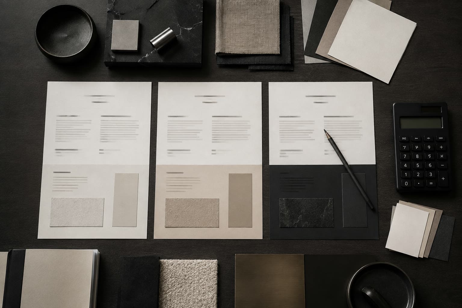 Overhead view of three printed sheets of blurred text laid out on a dark desk, each with its own lower panel and material sample — pale, beige and black — beside a pencil, a calculator and stacks of paper and fabric swatches
