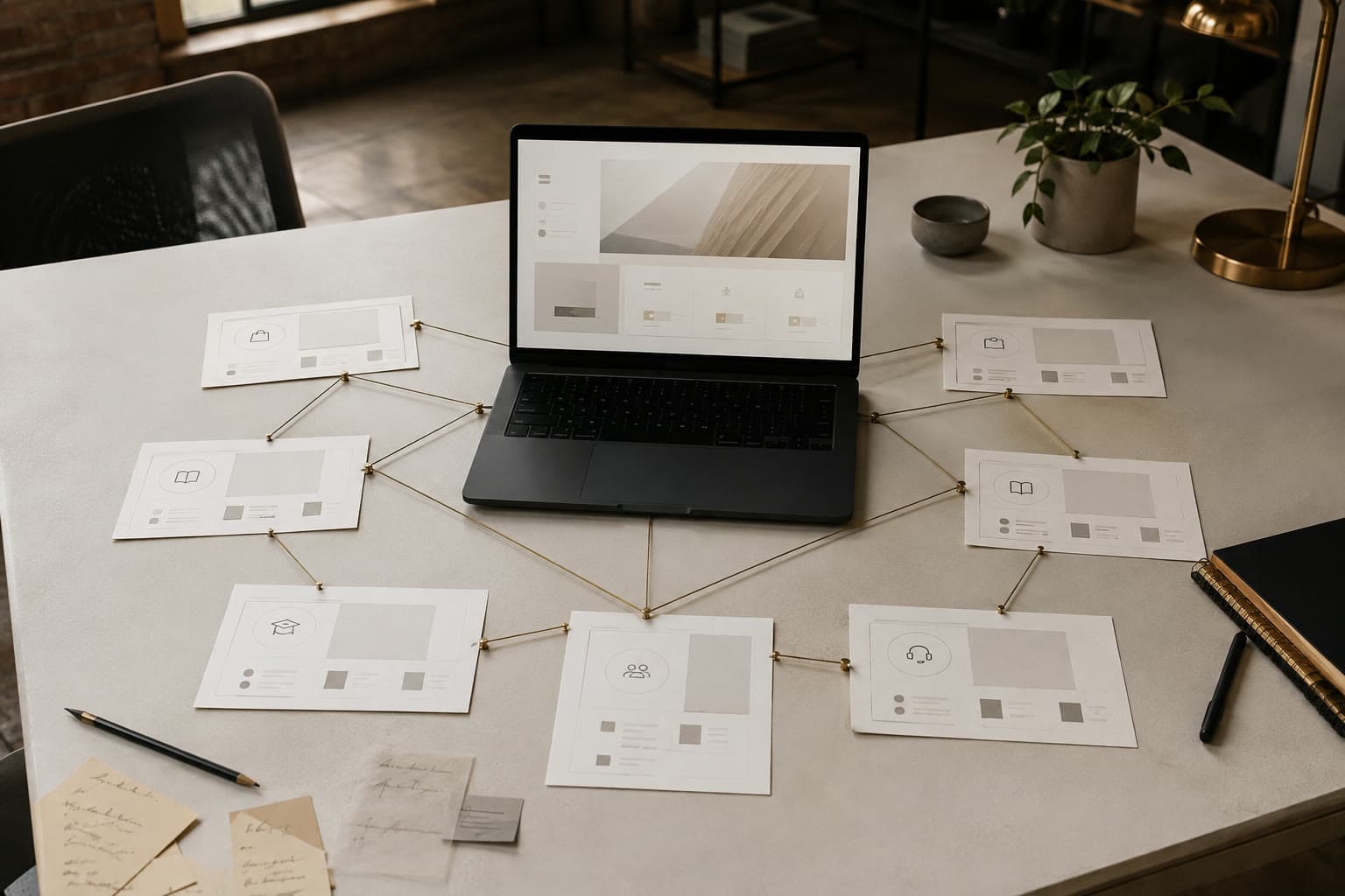 A laptop connected to seven printed cards representing the linked parts of the VITON13 ecosystem