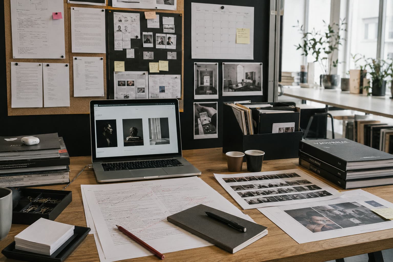The VJOURNAL editorial desk with edited proofs, contact sheets, assignments and an open article