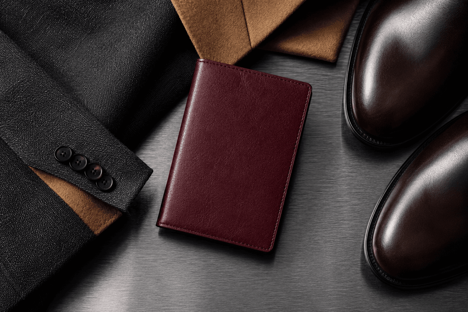 Classic garment beside an NFC tag, material swatches, care card and private ownership folder arranged as one item record.