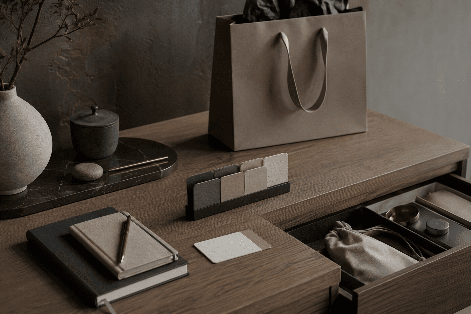 Minimal private-account desk showing a sign-in card, saved-route tabs, a shopping bag and an account drawer without readable personal data.