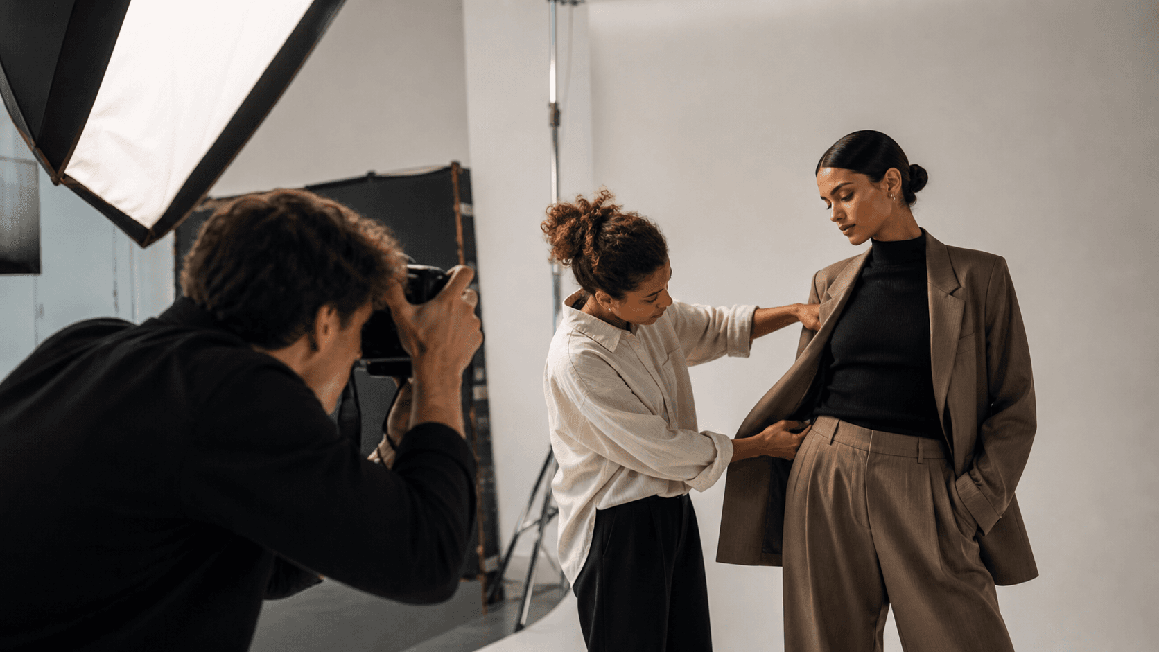 A stylist adjusting a tailored look while a photographer works on a fashion set