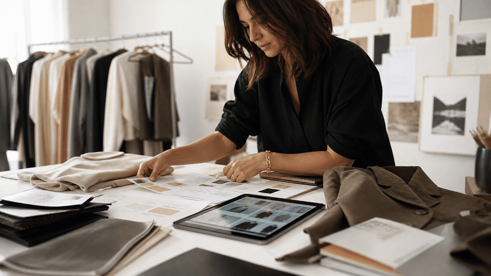 A stylist reviewing a shopping list, material samples and coordinated garments at a studio table