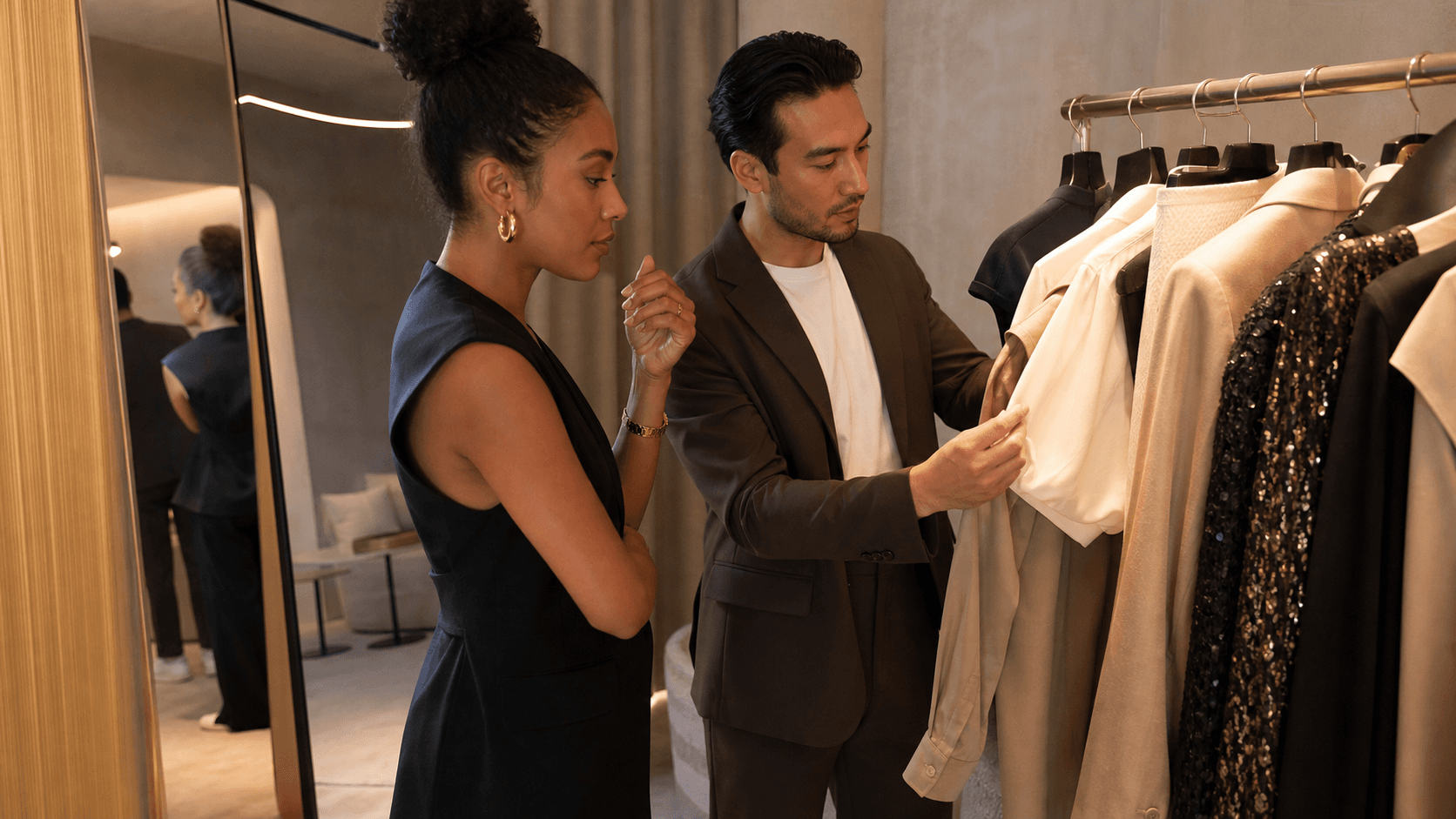 A client and stylist reviewing completed looks together beside a clothing rail