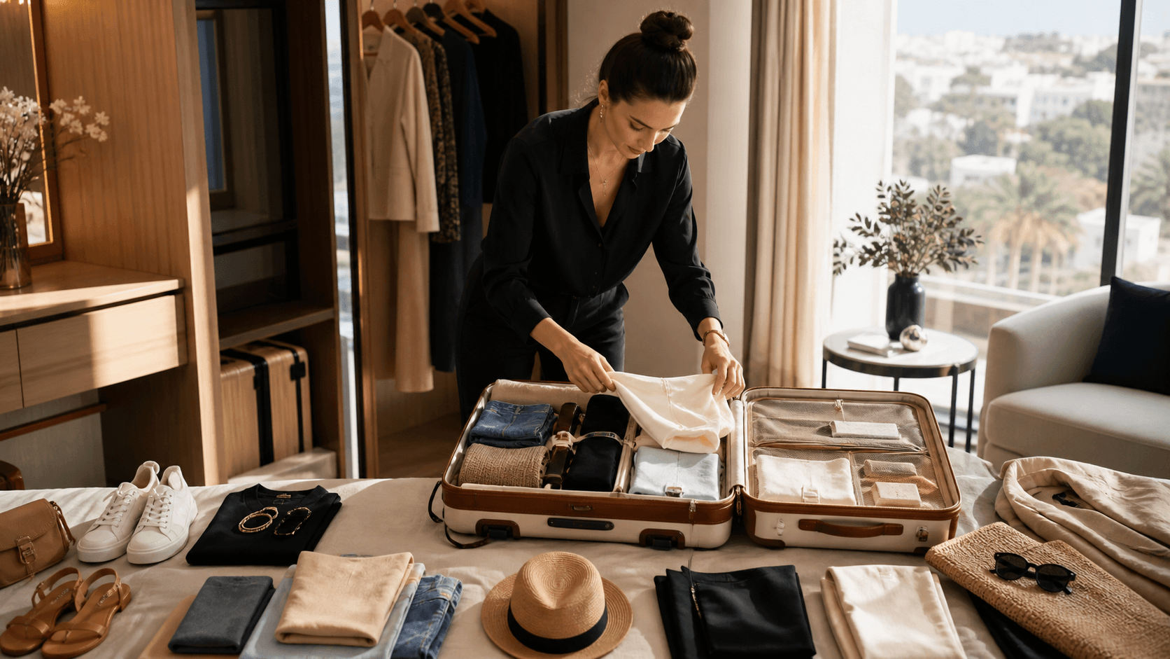 A travel stylist arranging a compact capsule wardrobe around an open suitcase