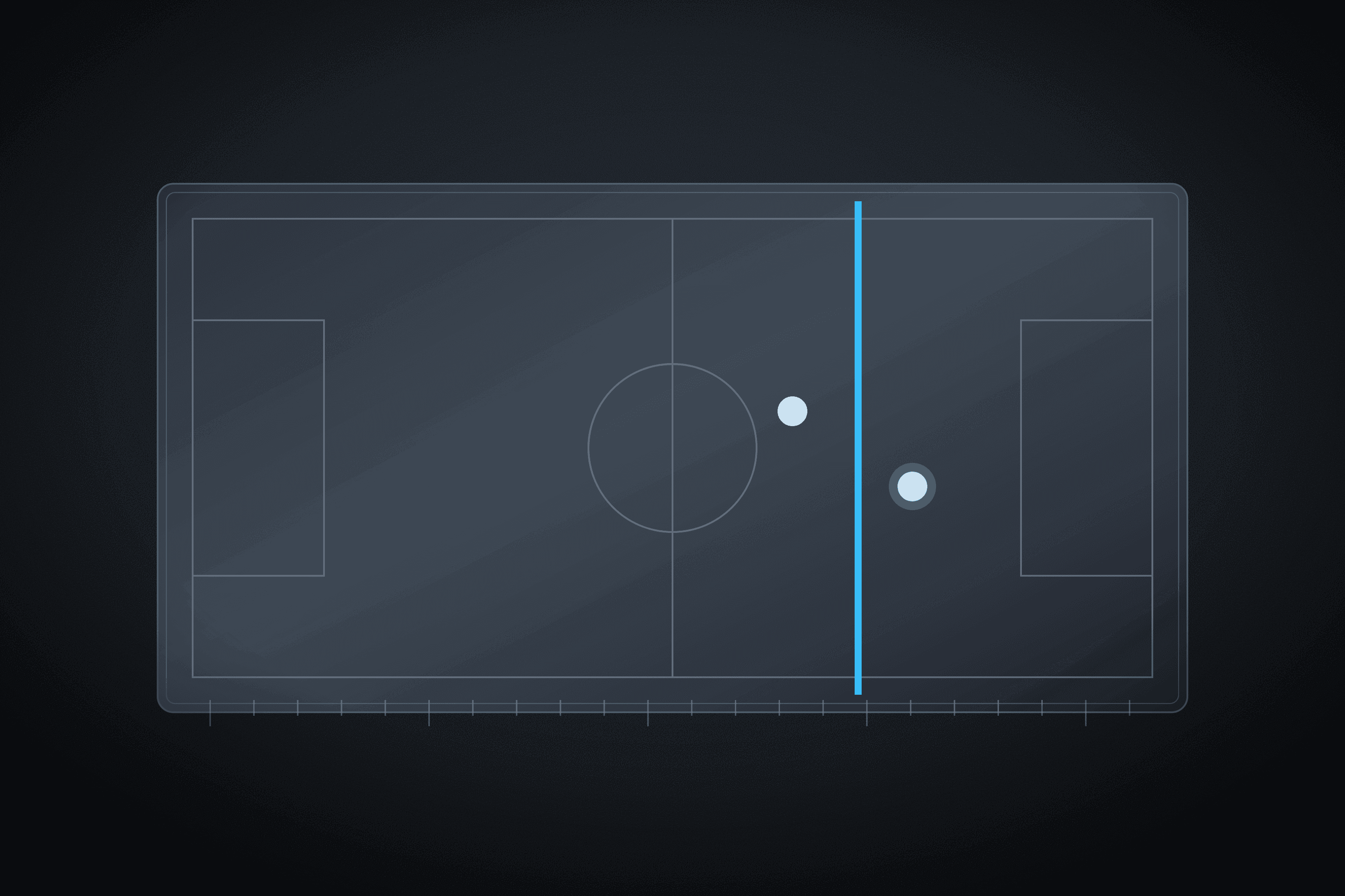 Diagram of a football pitch with a calibrated vertical line and two marked player positions