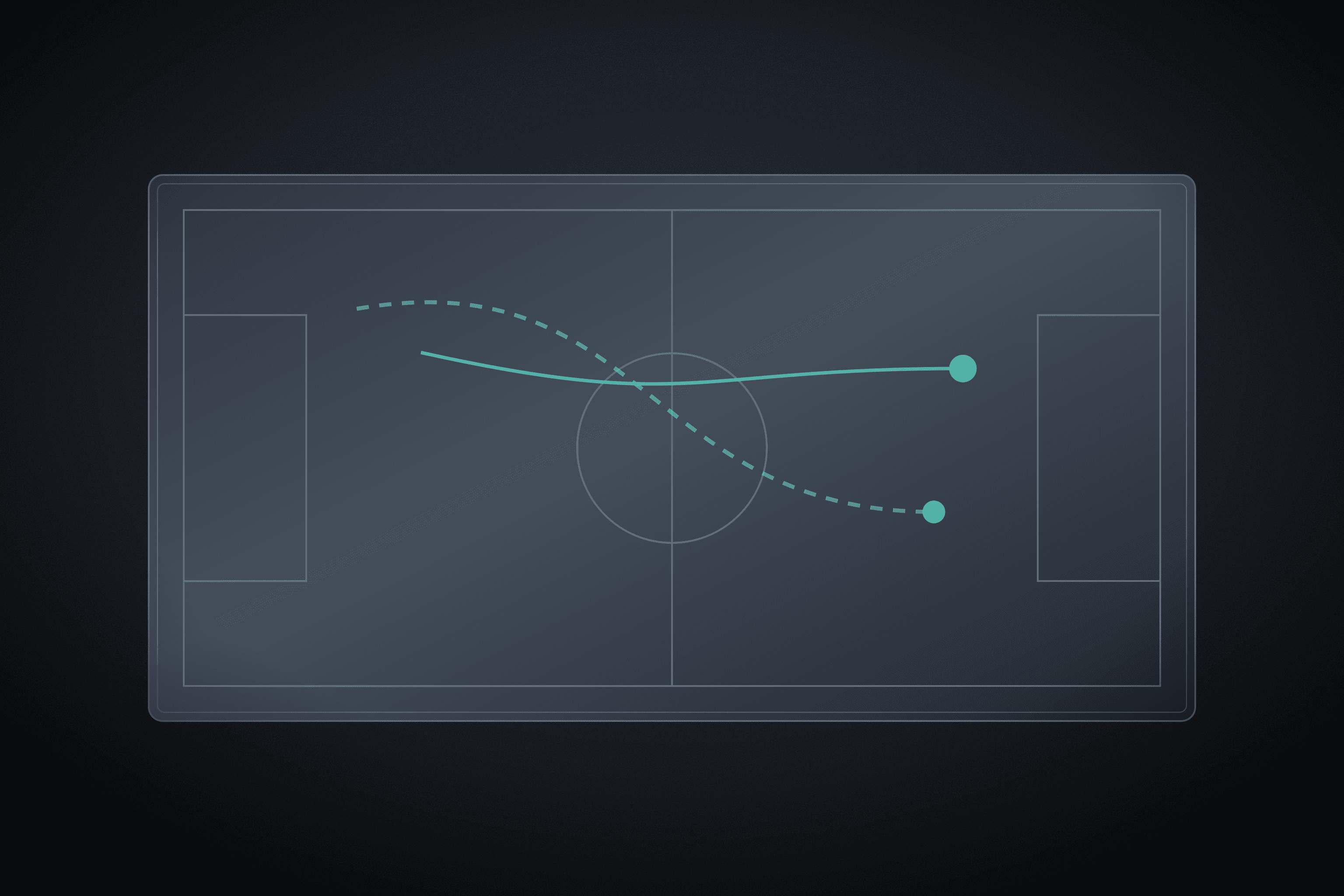 Tactics board of a football pitch with curved movement lines ending in marked points