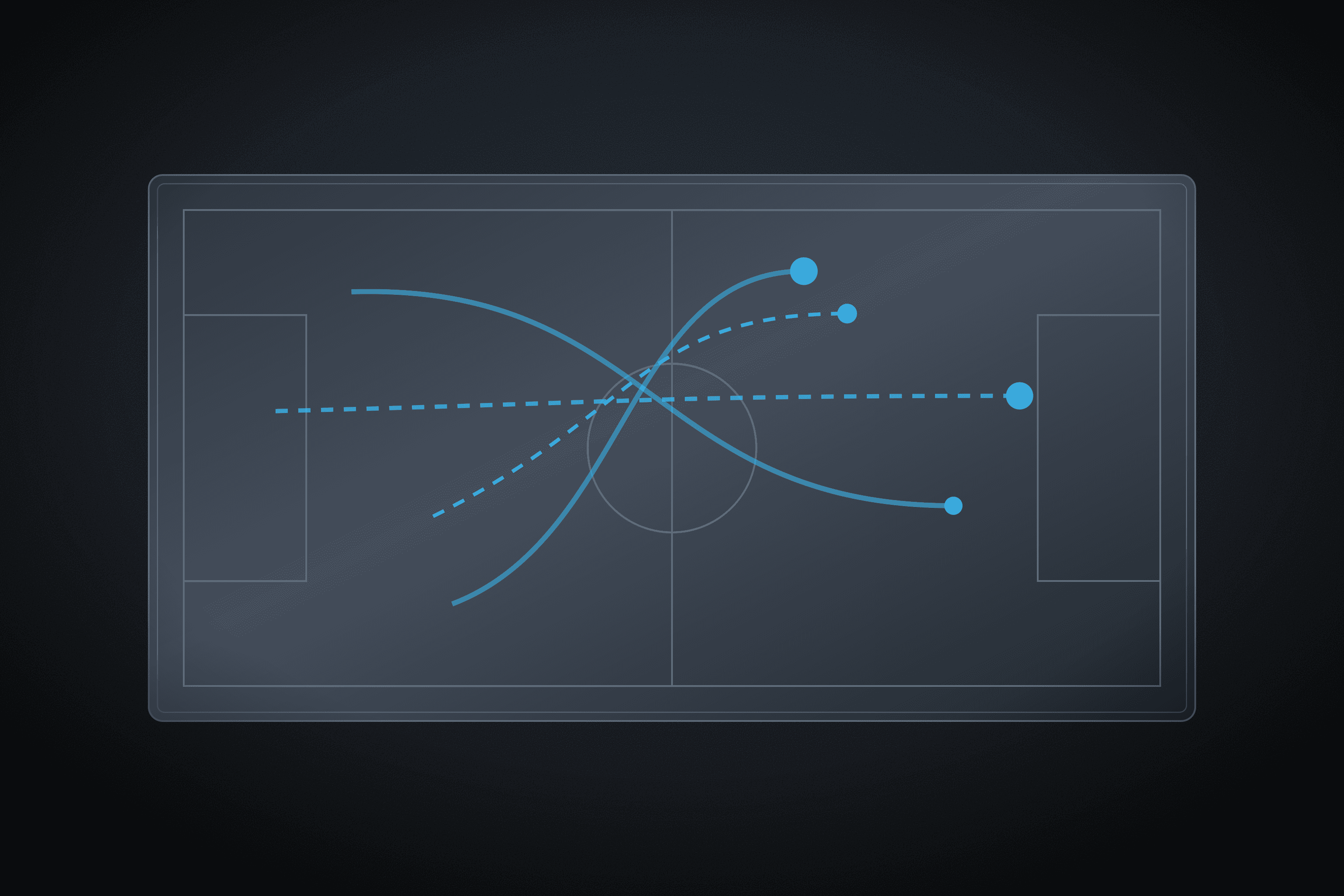 Tactics board of a football pitch with curved movement lines ending in marked points