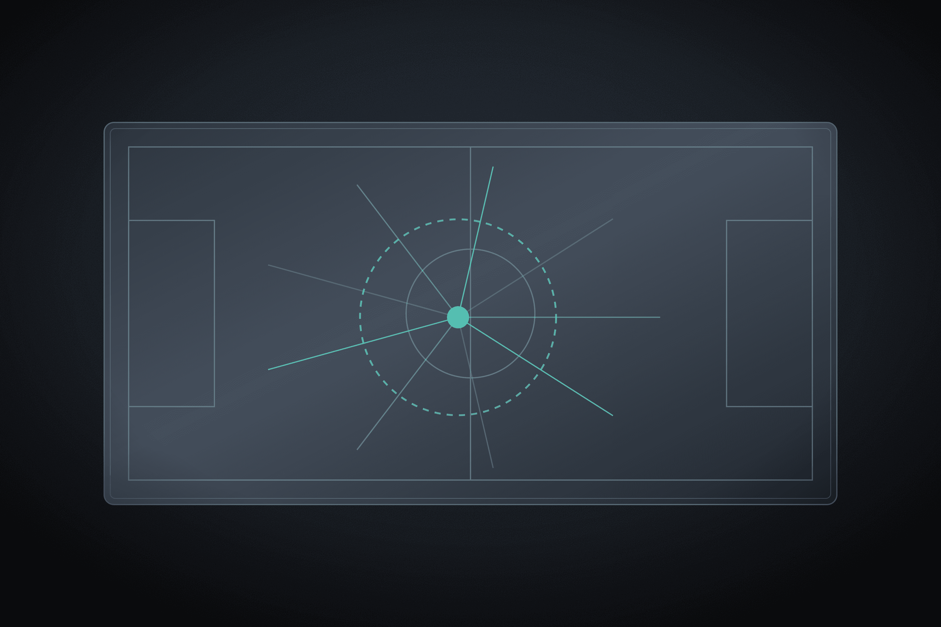 Tactics board of a football pitch with lines radiating from one marked point