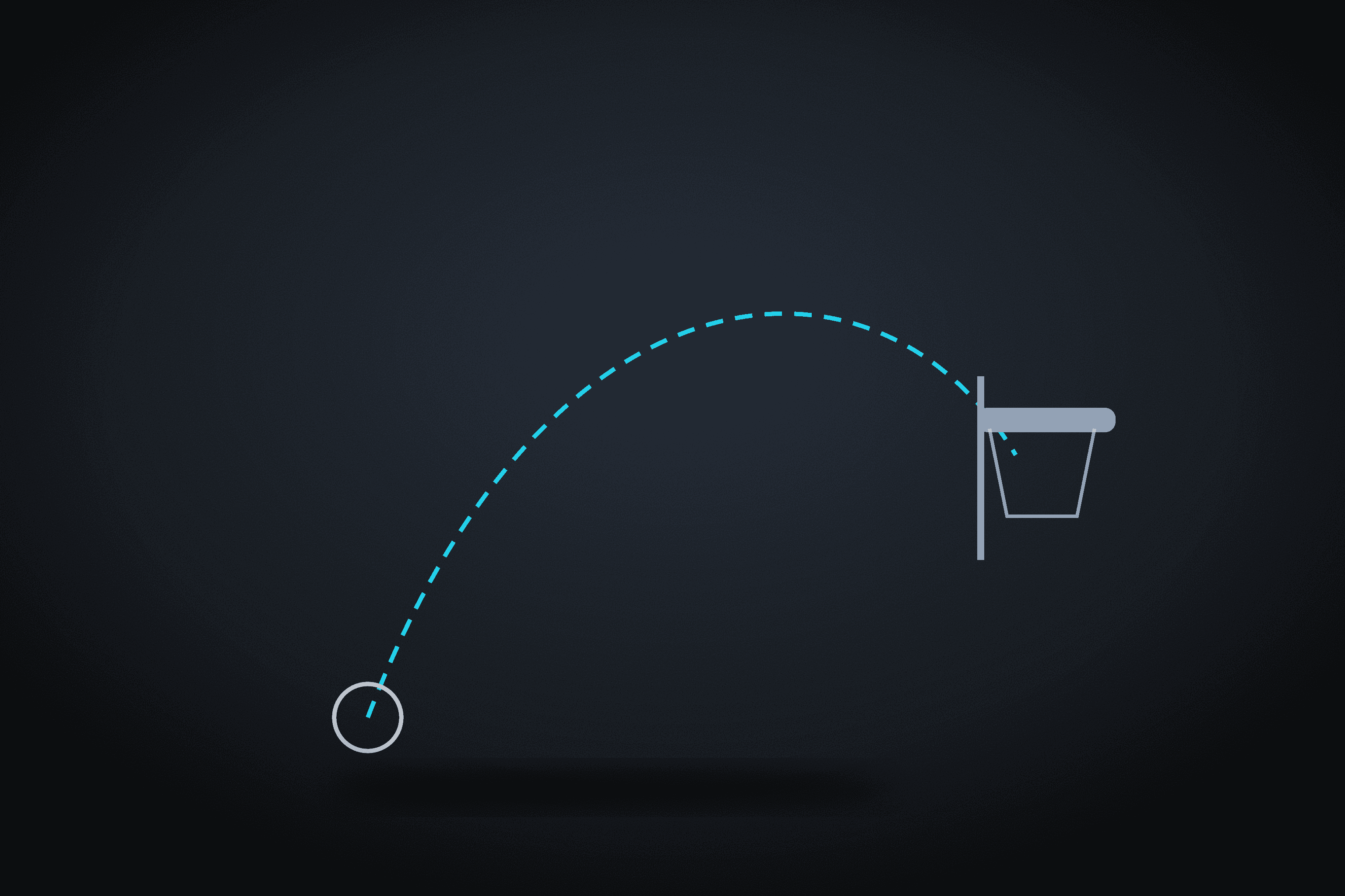 Dashed shot arc from a ball to a basketball hoop
