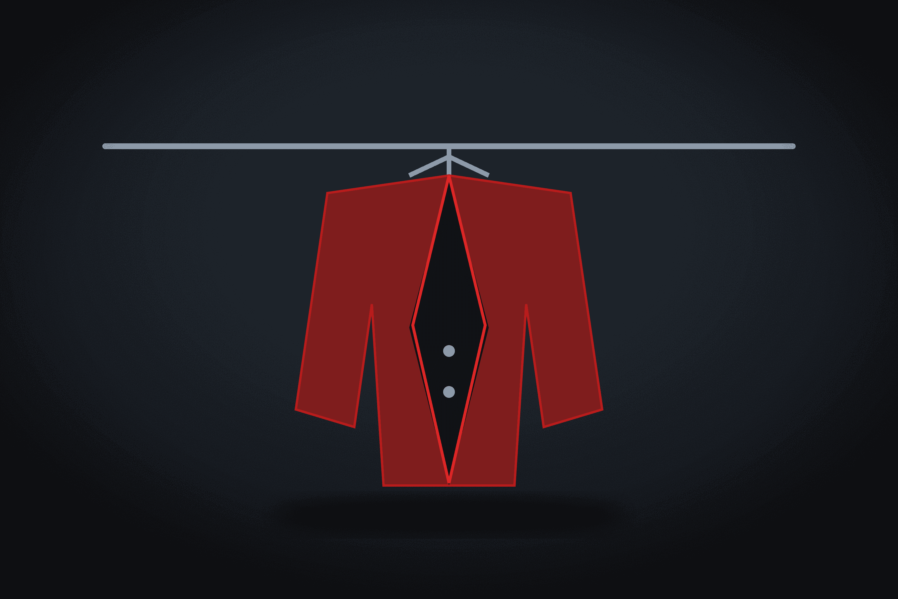Red tailored jacket hanging on a rail against a dark background