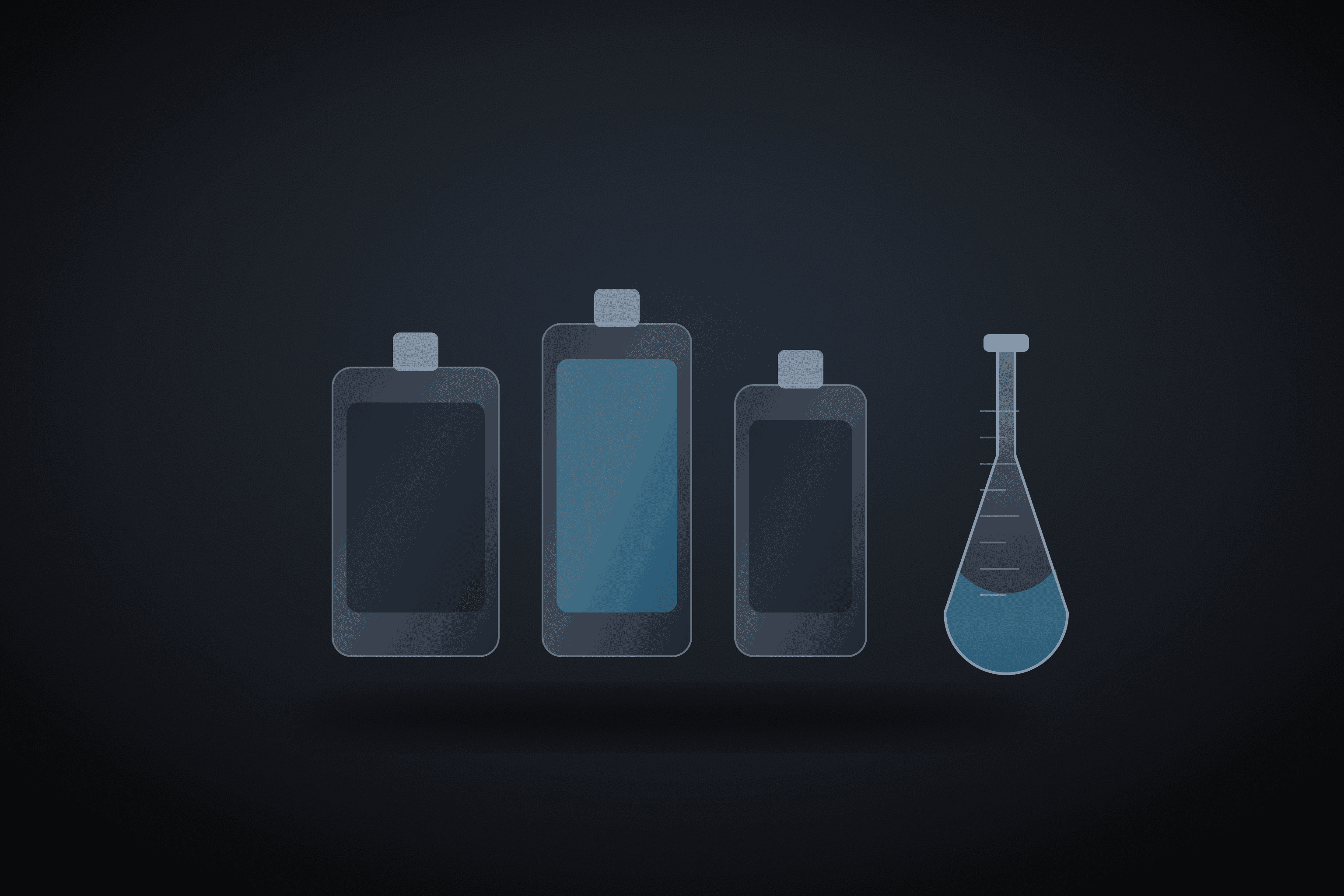 Three hair-care bottles beside a laboratory flask with measurement ticks