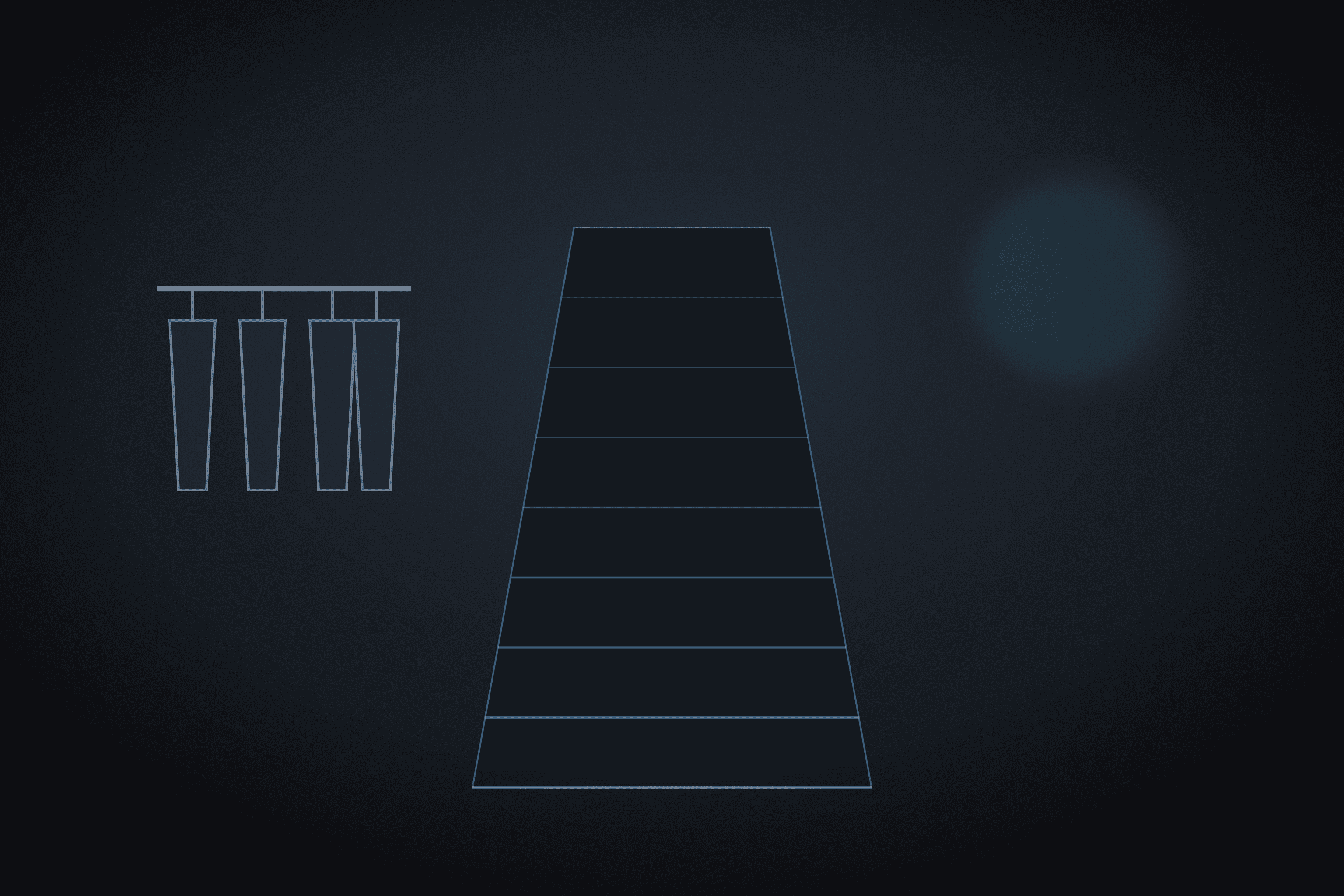 Runway drawn as rows of light with a garment rail beside it