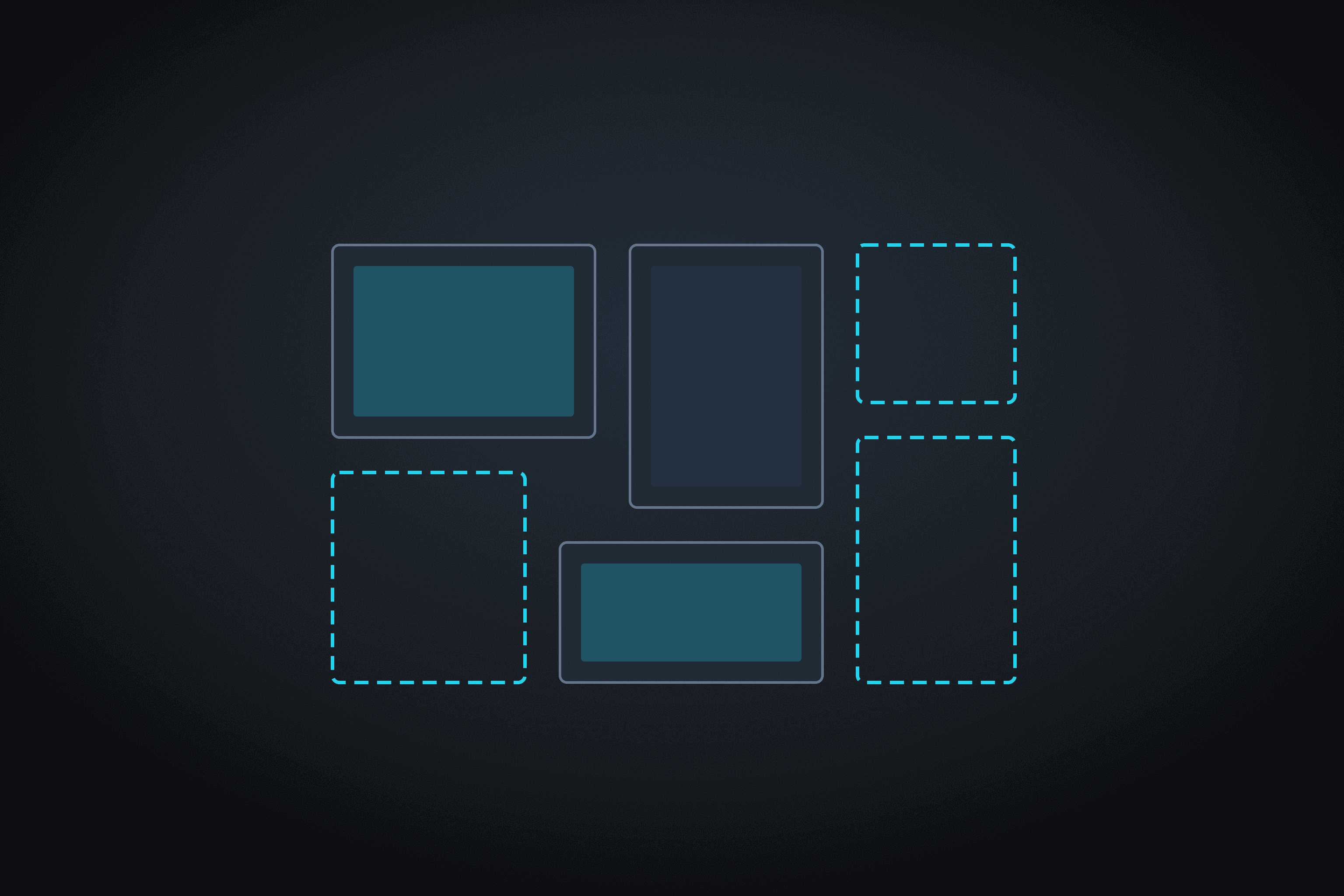 Wall grid of picture frames, some filled and some dashed outlines