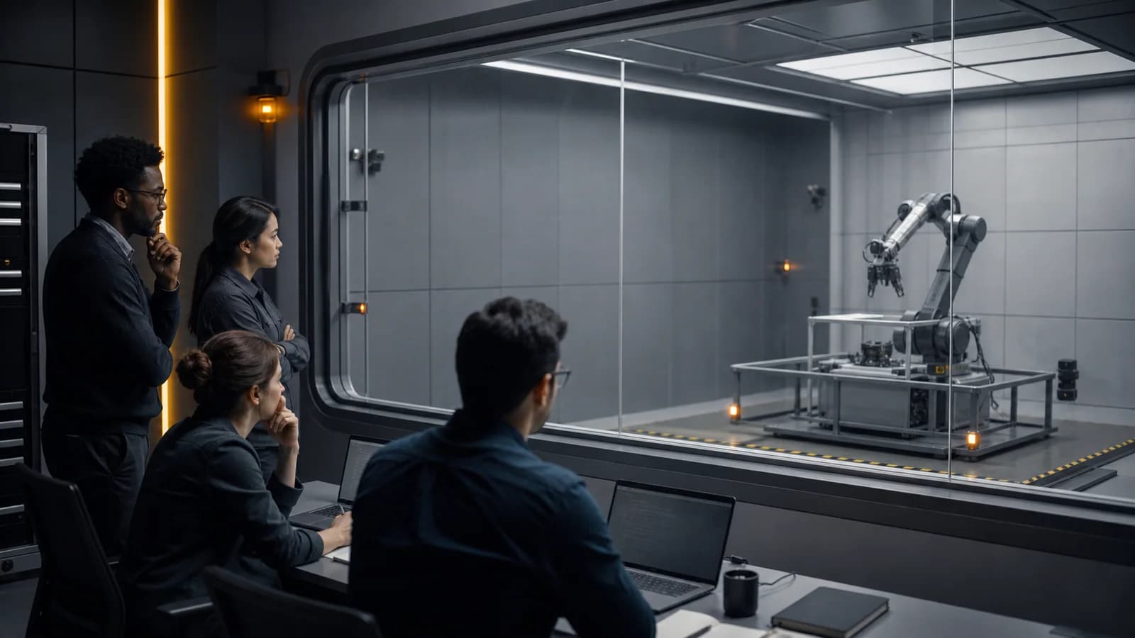 AI safety researchers observing an isolated robotic test rig through a secure glass boundary