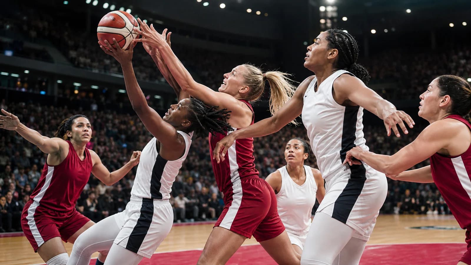 Elite women basketball players competing in a packed modern arena in Berlin