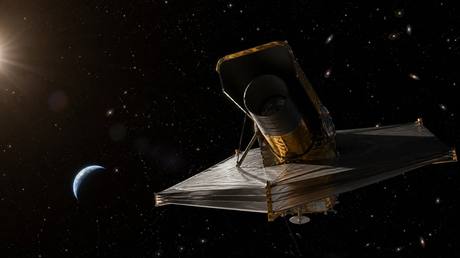 Wide-field space telescope beginning its journey above Earth with a deep infrared sky beyond