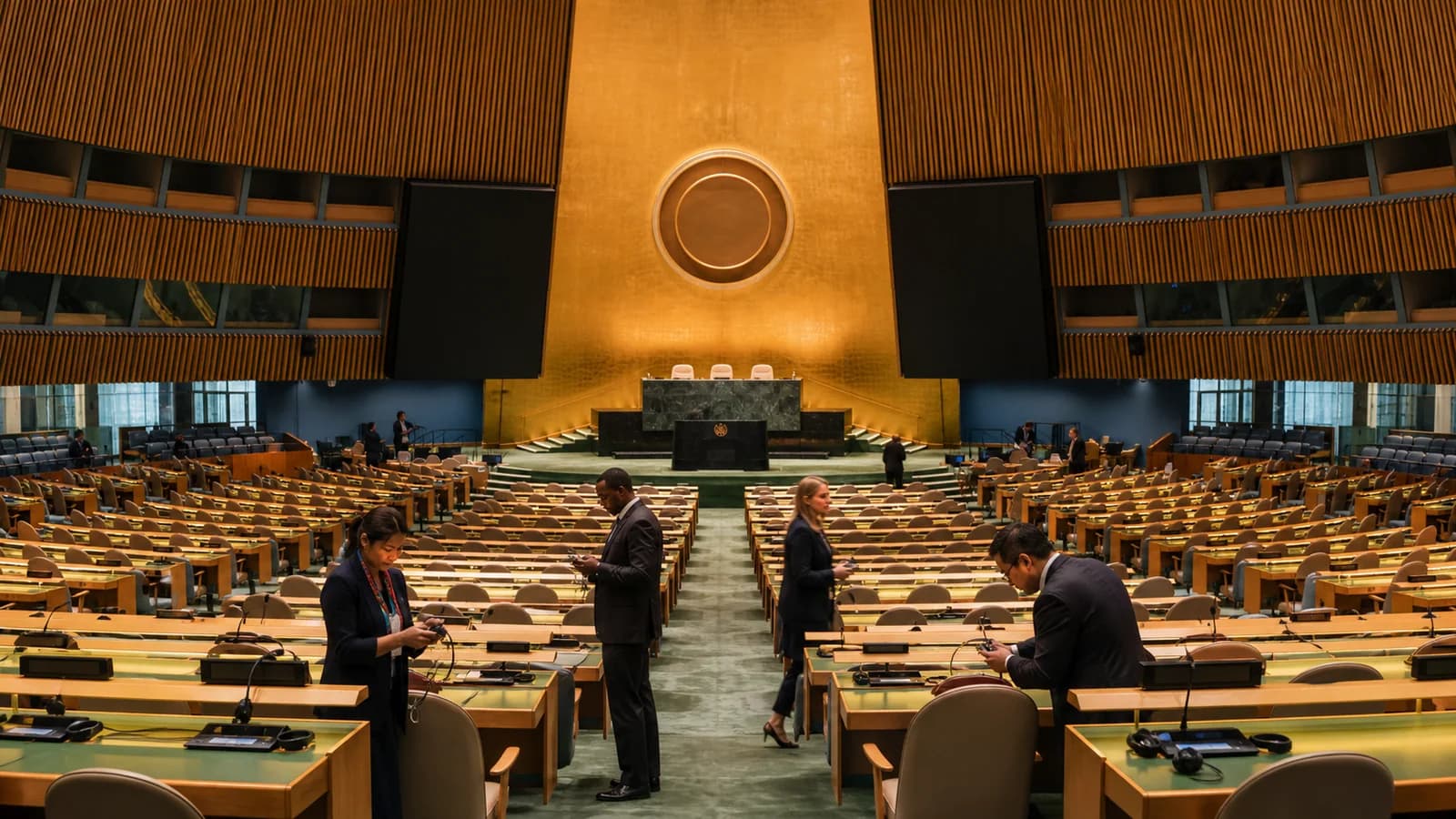 Delegates gathering in a contemporary international assembly hall before a high-level meeting