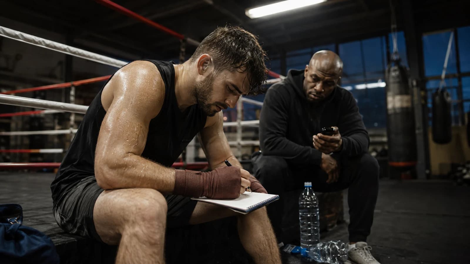 Amateur combat athlete checking recovery notes after training in a quiet sunlit gym