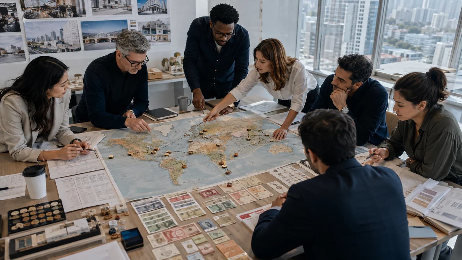 International product team reviewing languages, payments and privacy states around a large world map