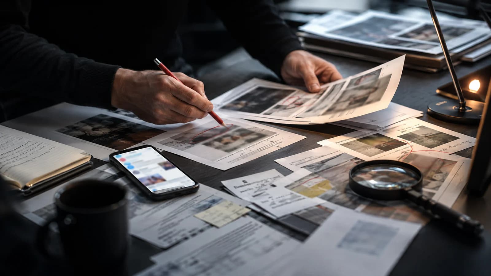 Editor comparing a viral headline with primary sources on two screens in a dark newsroom