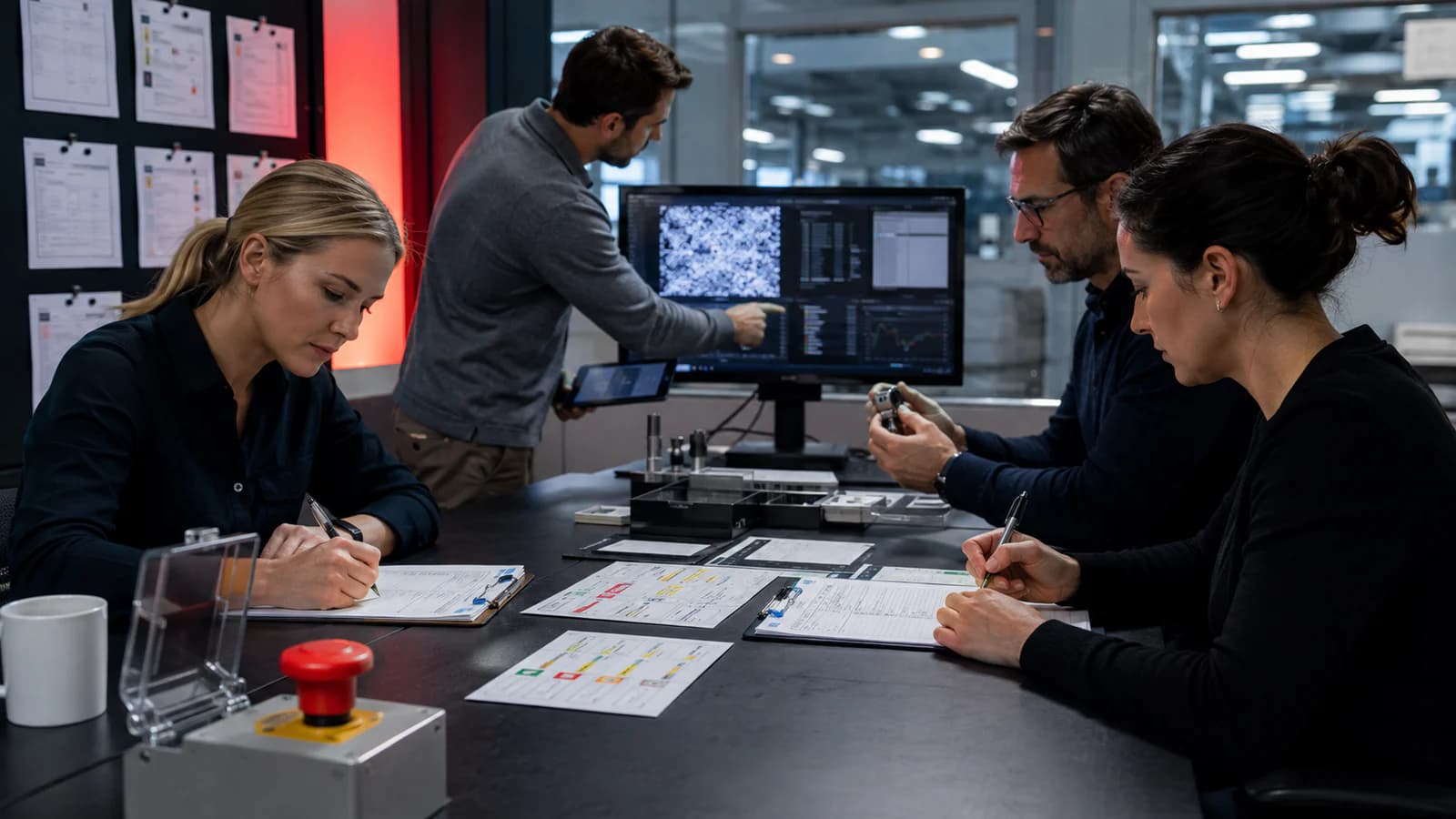 Operator approving an AI workflow at a transparent control console with visible stop controls