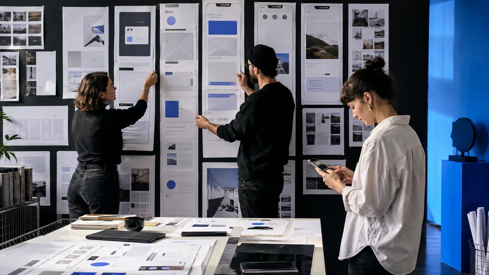 Designers reviewing colourful landing-page layouts, proof blocks and mobile states on a wall