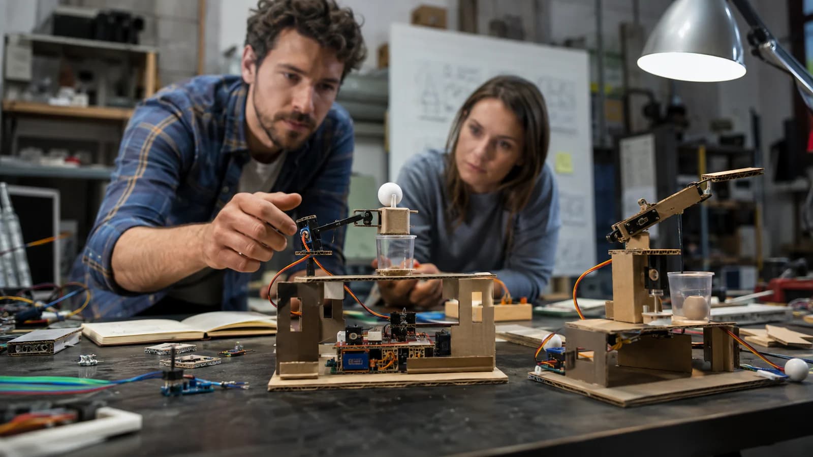 Multidisciplinary team testing physical interface cards and a rough working prototype in a lab