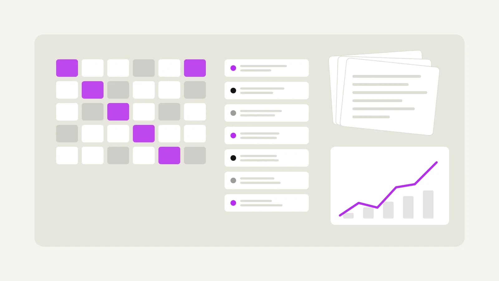 Abstract overhead diagram of a planning table with a query grid, an issue queue, stacked briefs and a small bar chart
