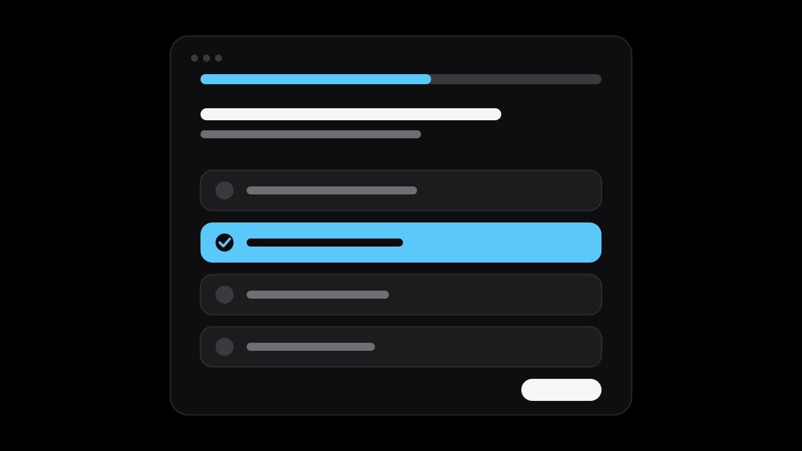 A quiz window with a progress bar and four answer rows, the second highlighted in sky blue with a tick