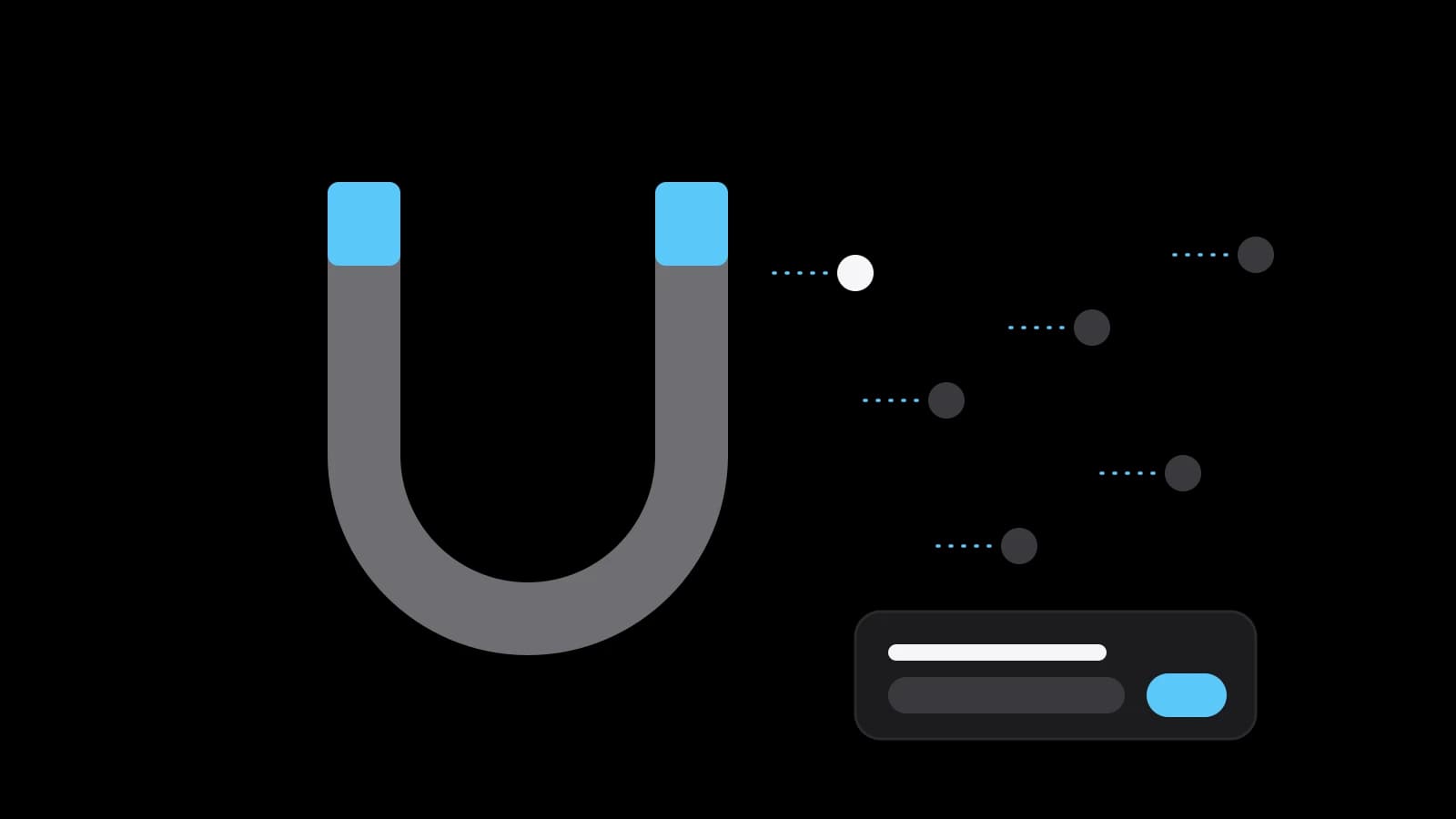 A grey horseshoe magnet with sky-blue tips drawing in white dots along dotted lines, next to a small sign-up form