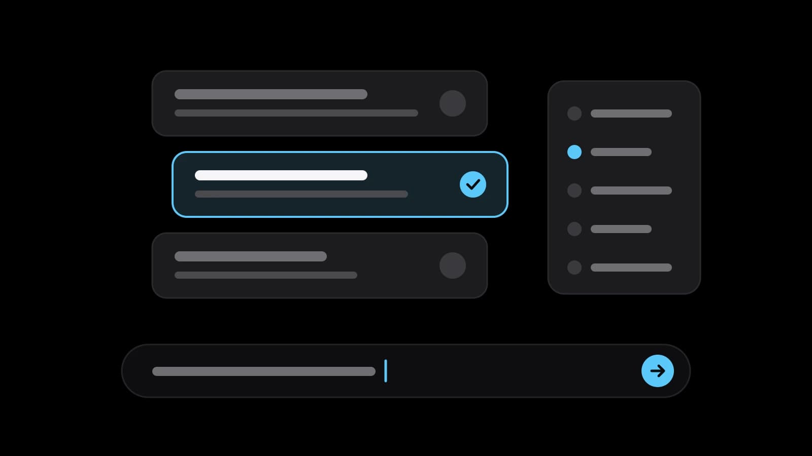 Three prompt cards, the middle one outlined in sky blue with a tick, a checklist panel and a message box with a blue send button