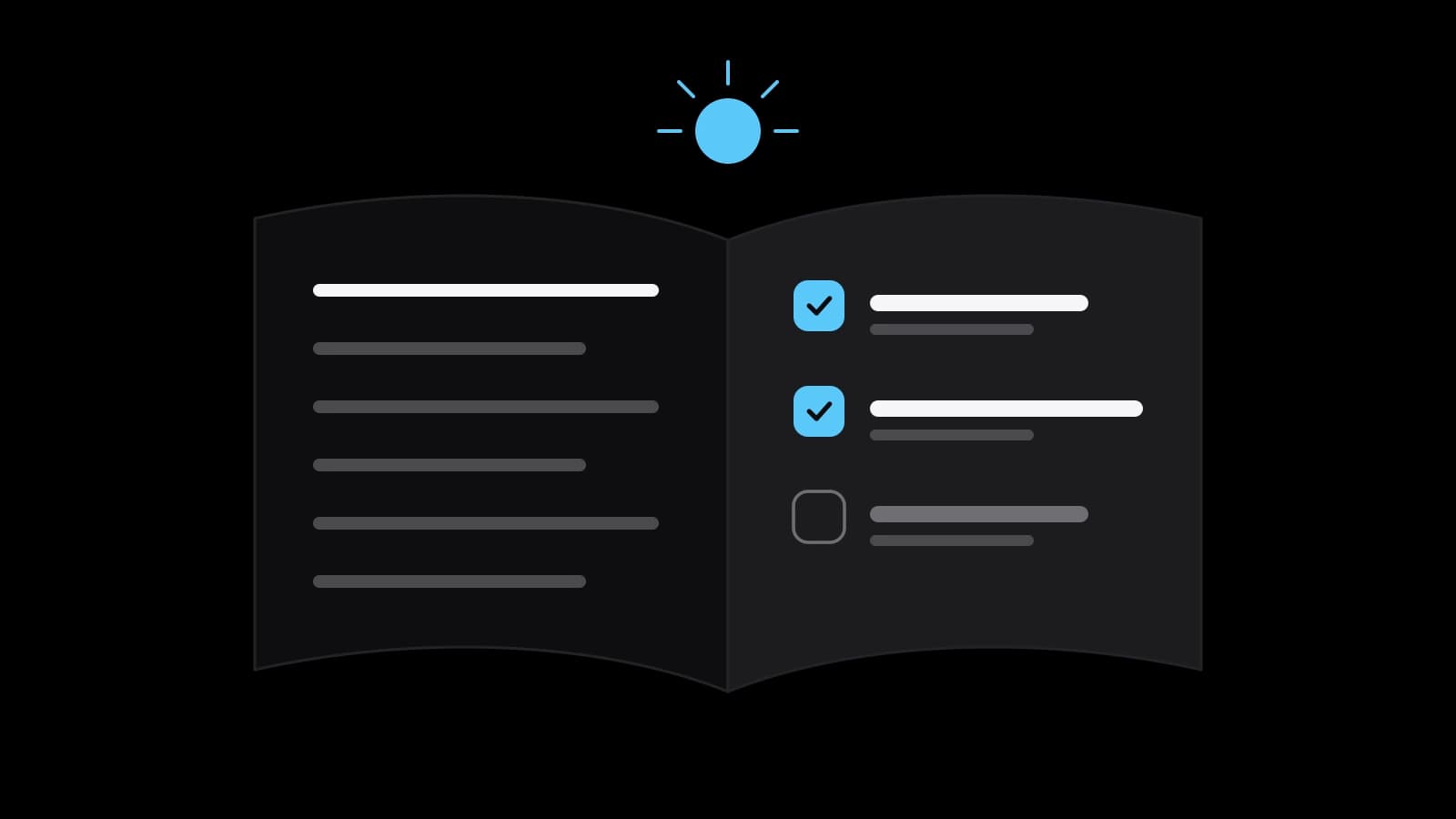 Drawn cover: an open notebook with lines of notes on the left page and a checklist with two sky-blue ticks on the right, a small spark above