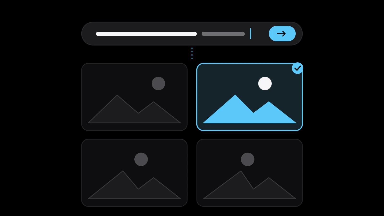 Drawn cover: a prompt bar above four generated frames with hills and a sun; one frame, picked out in sky blue, carries a tick