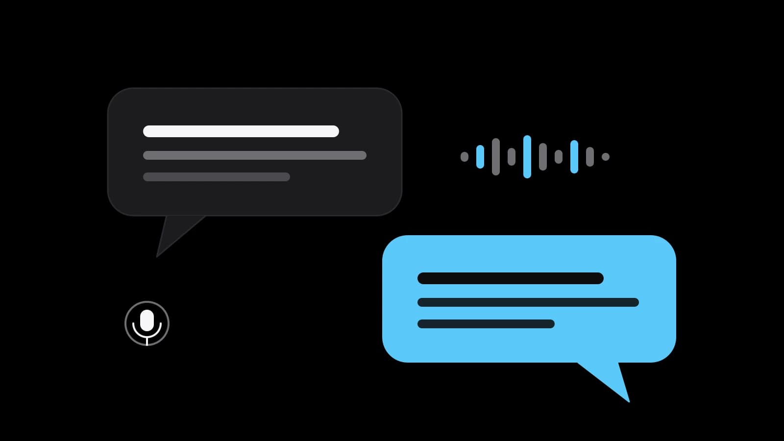 Drawn cover: a grey speech bubble and a sky-blue reply bubble with a voice wave between them and a small microphone