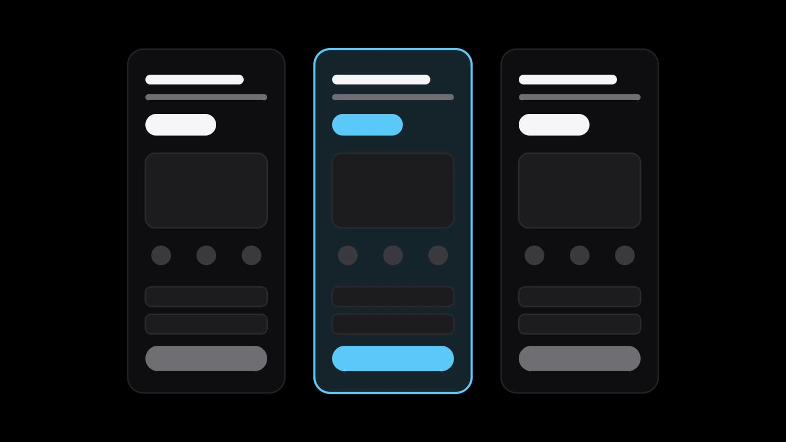 Drawn cover: three landing page wireframes side by side, each with a headline, a button, a picture, proof dots and a form; the middle one is outlined in sky blue