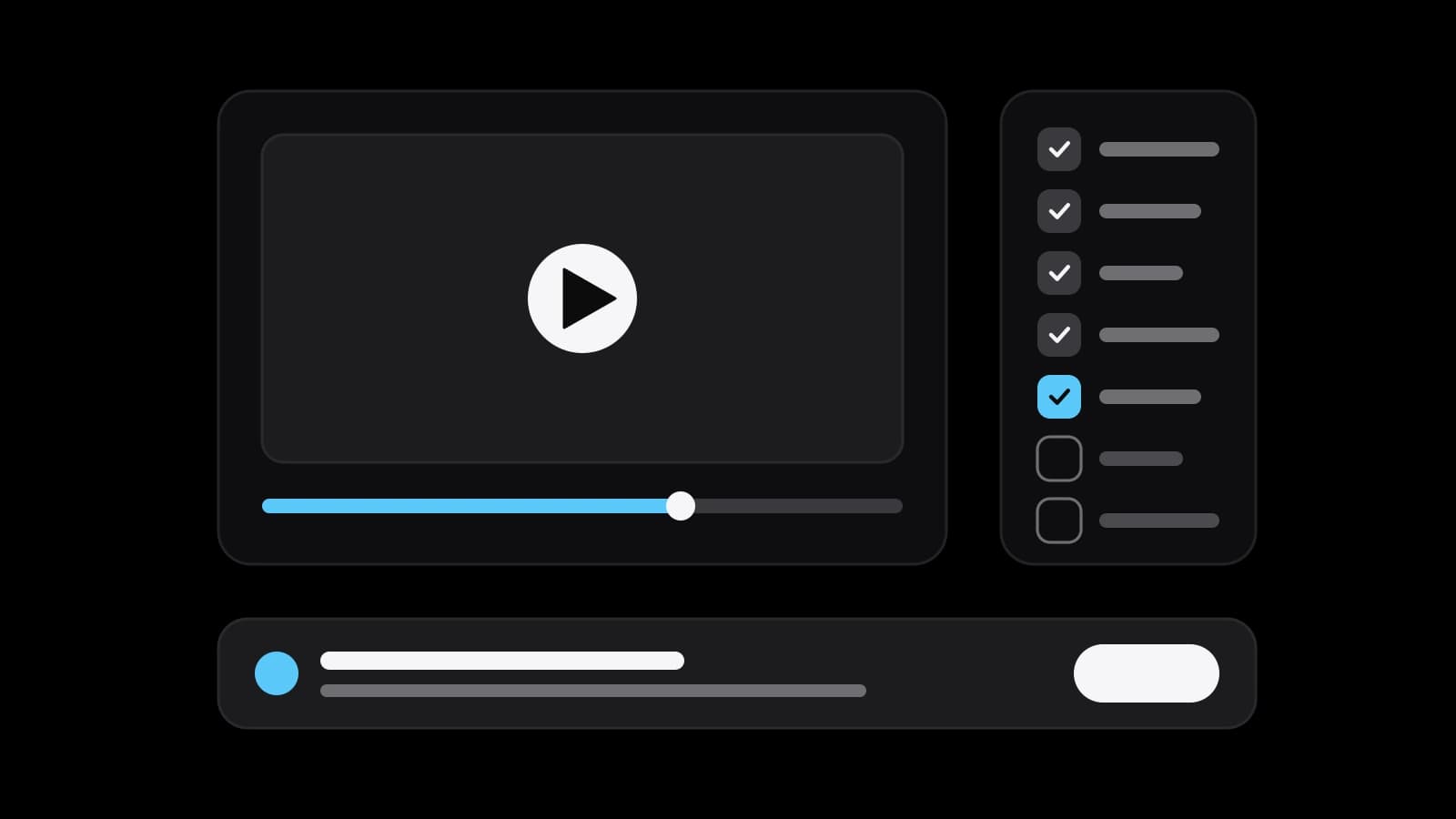 Drawn cover: a lesson player with a play button and a sky-blue progress bar beside a week of days, five of them ticked