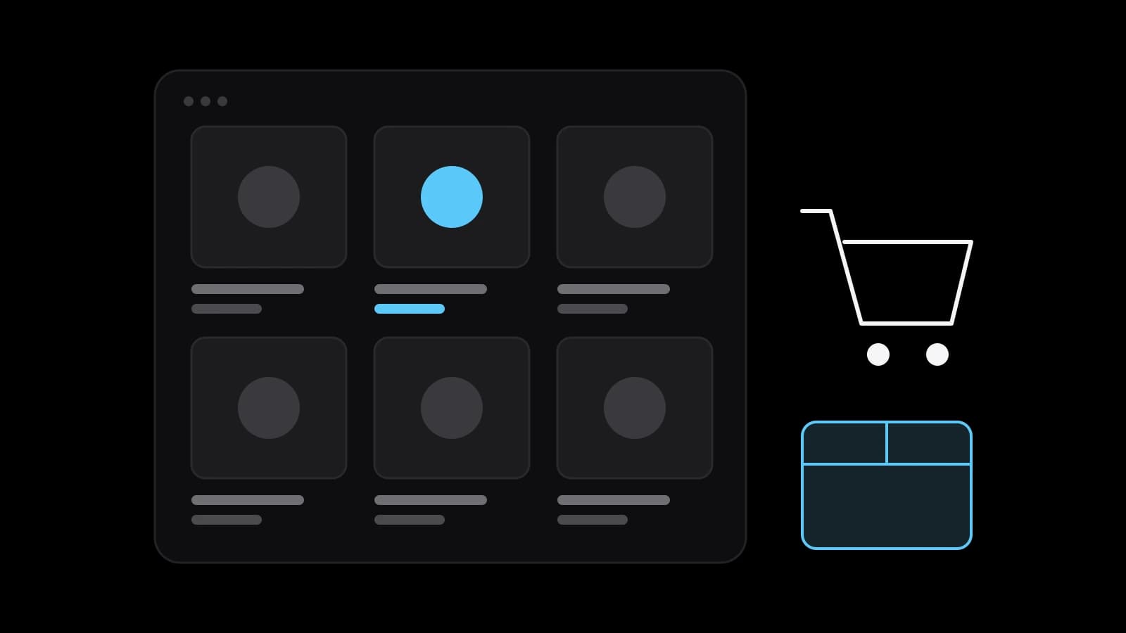 Drawn cover: a shop window of six product tiles, one with a sky-blue product, beside a shopping cart and a parcel box outlined in sky blue