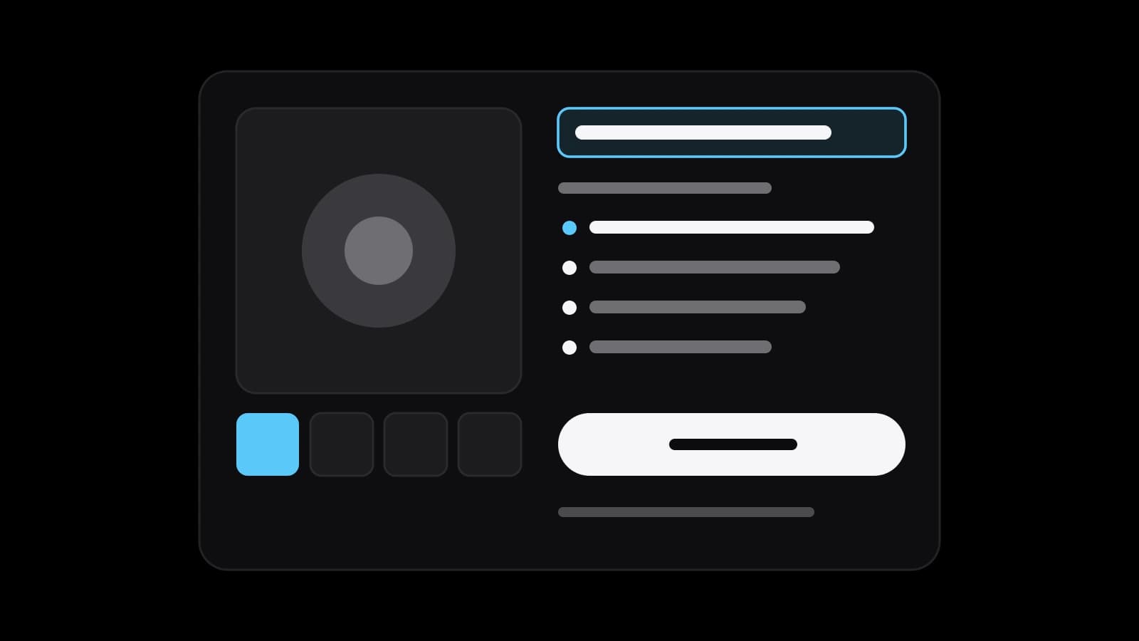 Drawn cover: a product card with a photo and thumbnails on the left and, on the right, a first line outlined in sky blue, four bullet facts and a buy button