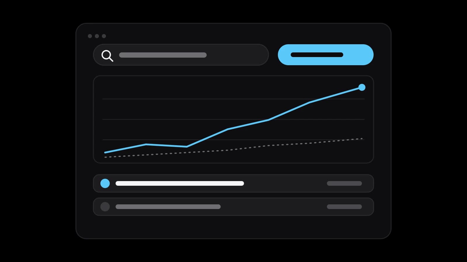 Drawn cover: a search report window with a query bar, a sky-blue line rising above a flat dotted one and two ranked rows below