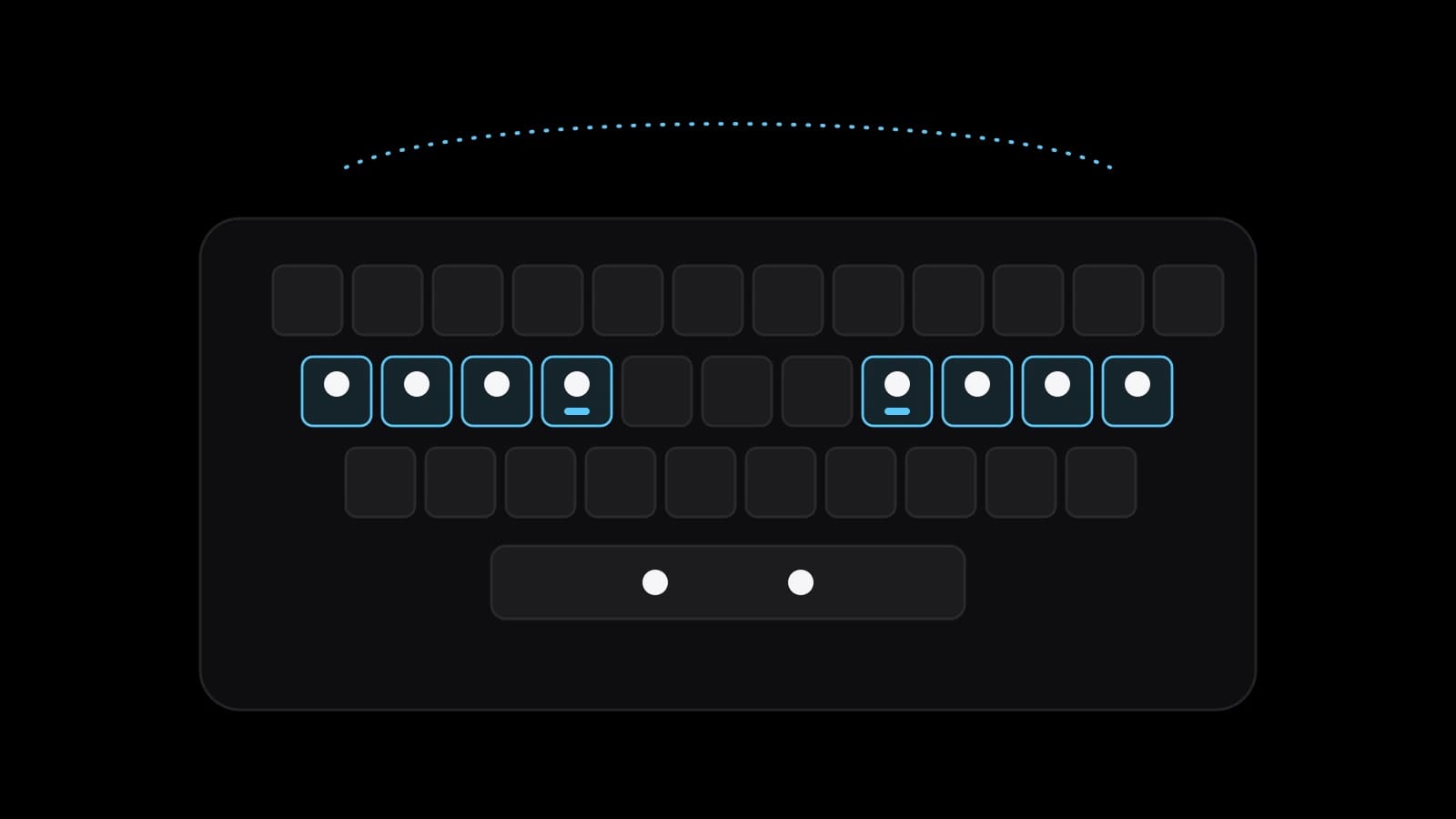 Drawn cover: a keyboard with the eight home-row keys outlined in sky blue, a fingertip dot resting on each and two thumb dots on the space bar