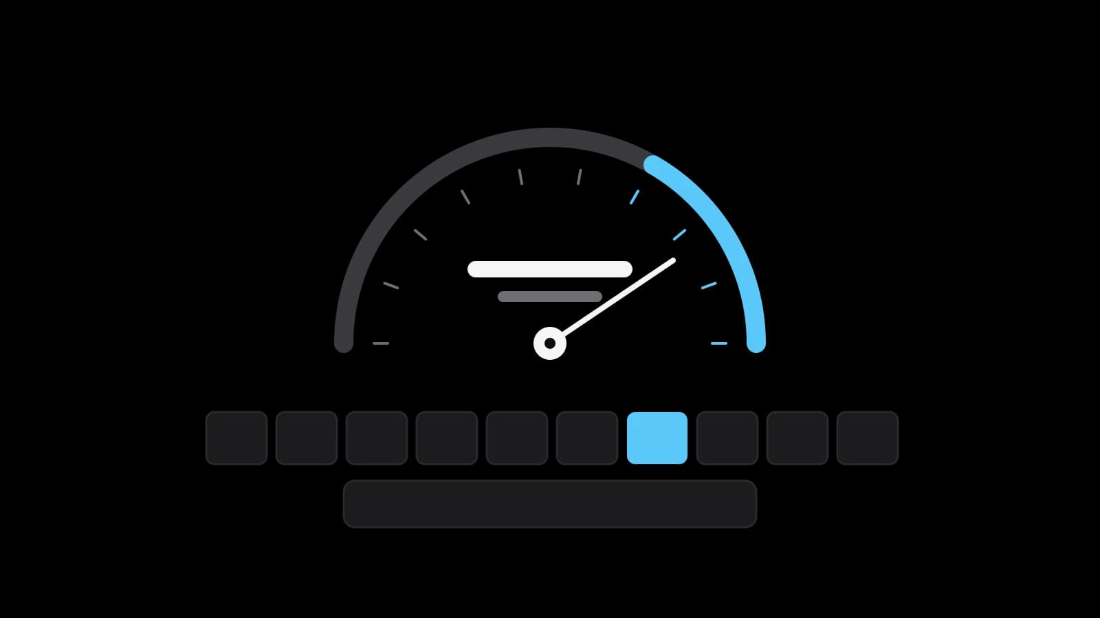 Drawn cover: a speed gauge with its needle in the sky-blue top range above a row of keys, one key lit