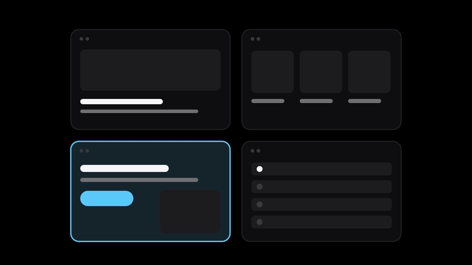 Drawn cover: four website layouts pinned as references — a large picture, three product tiles, a headline with a button outlined in sky blue, and a list