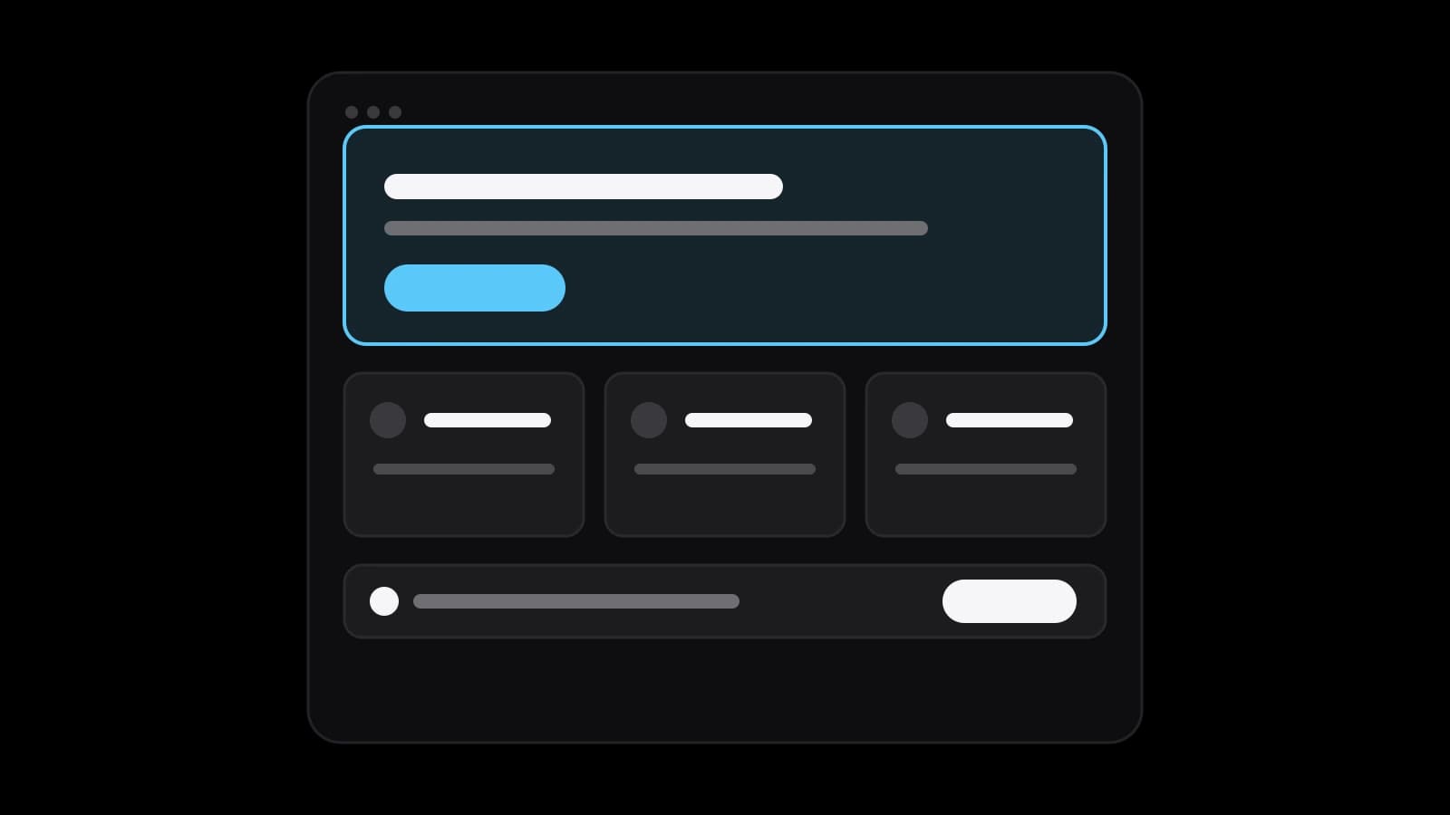 Drawn cover: a homepage wireframe with a sky-blue first screen holding a headline and button, three cards below and a contact bar