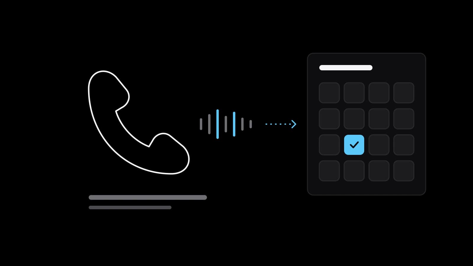 Drawn illustration: a phone handset and a sound wave leading by a dotted arrow to a calendar grid with one slot booked in blue.