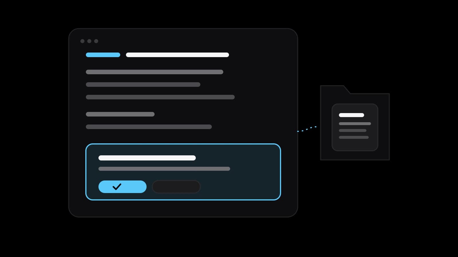 Drawn illustration: a terminal window with lines of commands and a highlighted permission card with an approve button, beside a folder holding a skill file.