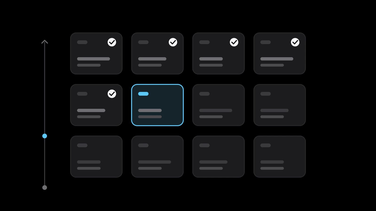 Drawn illustration: a grid of twelve small project cards, the first five ticked, the sixth highlighted in blue, with a progress line climbing beside them.